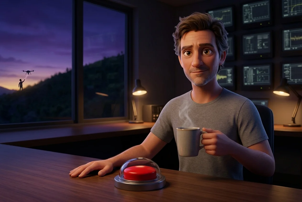 Diogo with a coffee beside a red button under glass, a drone rising on the hill outside