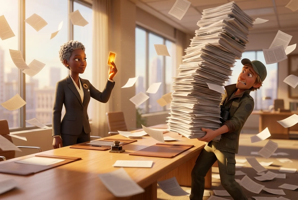 REX staggers in under a pile of pages while IRIS lifts one glowing card