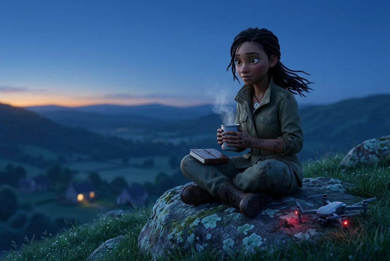 Before sunrise, SCOUT sits on a rock with a thermos while her drone waits beside her