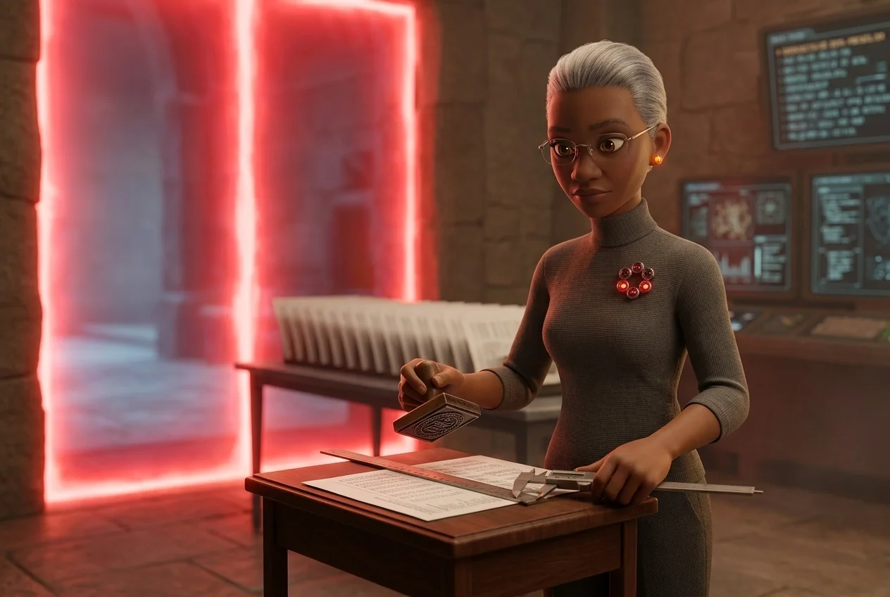 VERA measures a page in front of a closed red gate