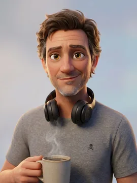 Illustrated portrait of Diogo Caldas, smiling, with headphones around his neck, holding a mug